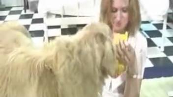 Attractive blond woman has fun playing with her dog