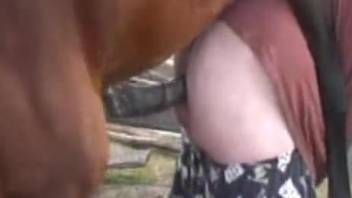 Horse butt fucks naked woman and comes on her fat ass