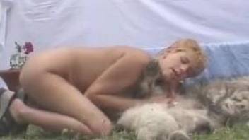 Blonde chick plays with the dog's cock in very intimate modes