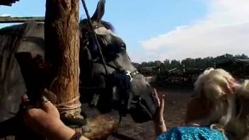 Ranch mature zoophile woman delivers a filthy oral pleasure to a stallion