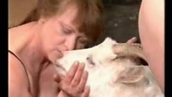 Older woman has sex with two aroused guys and their goat