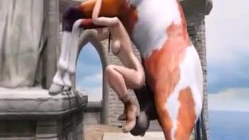 Lara Croft stretched wide open by a massively hung horse
