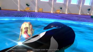 Orca bangs a blonde chick's throat in the swimming pool