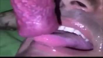 Guy employing his alluring mouth to satisfy a monster's hard-on