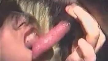 Woman performing oral sex guides the canine to guaranteed climax