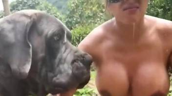 Nude female with big boobs, rough dog sex in outdoor scenes