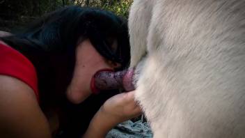 Brown-haired woman in red attire craves intense oral pleasure