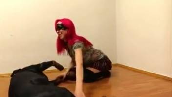 Masked hottie eagerly swallows canine shaft deep