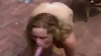 Blonde with frizzy hair worships a dog's dick