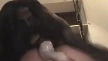 Canine deeply penetrates nude female's anus in frantic motion